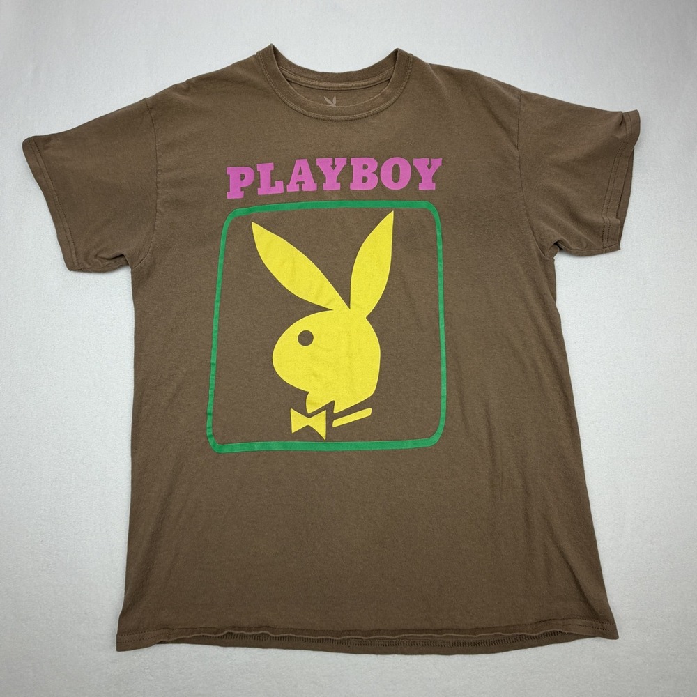 Playboy Mens Graphic T-Shirt Brown Pink Yellow Bunny Logo Short Sleeve Large